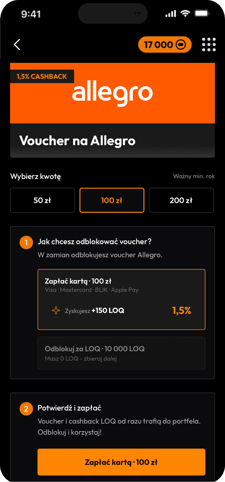 Ekran oferty w aplikacji UNLOQ z krokami do odblokowania nagrody